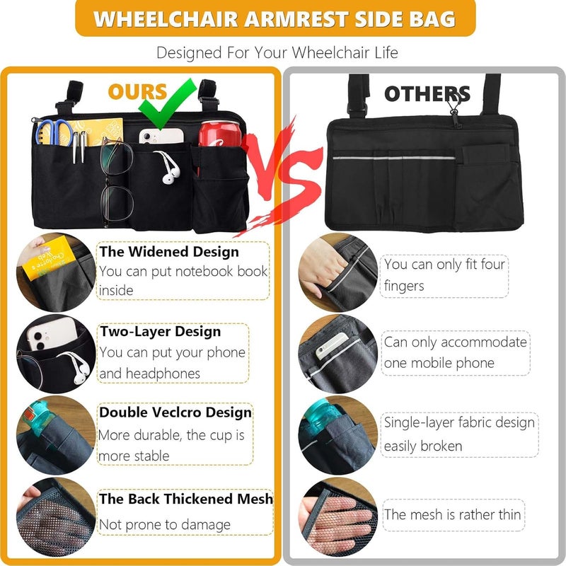 Royitay Wheelchair Side Bag with Cup Holder,Wheelchair Armrest Accessories Storage Pouch for Rollator，Walker，Power Wheelchairs，Nylon Walker Side Bag, Black - Image 3